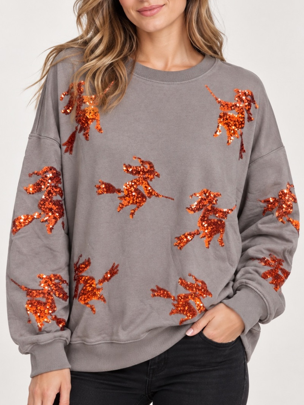 Fantastic Fawn Taupe Gray Relaxed Sweatshirt with Orange Sequin Witches